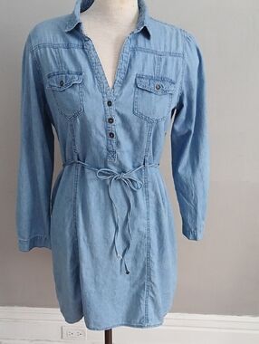 Light Blue Denim Shirt Dress with Tie Waist 100%Cotton